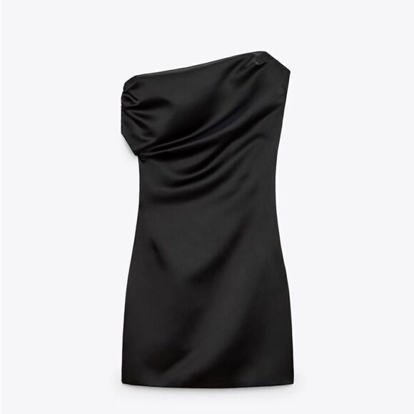 Zara Asymmetric Satin Dress Black New - Picture 4 of 10